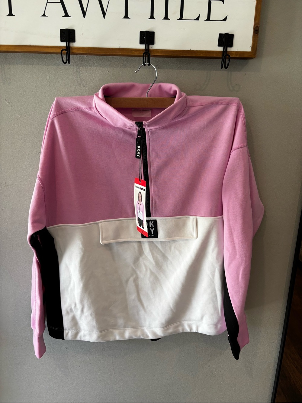 DKNY Pink, White & Black Colorblock Half-Zip Pullover